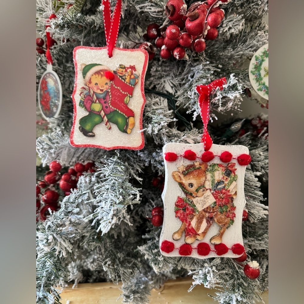 NEW OOAK Vintage-Inspired Wooden Christmas Ornaments Reindeer and Boy
